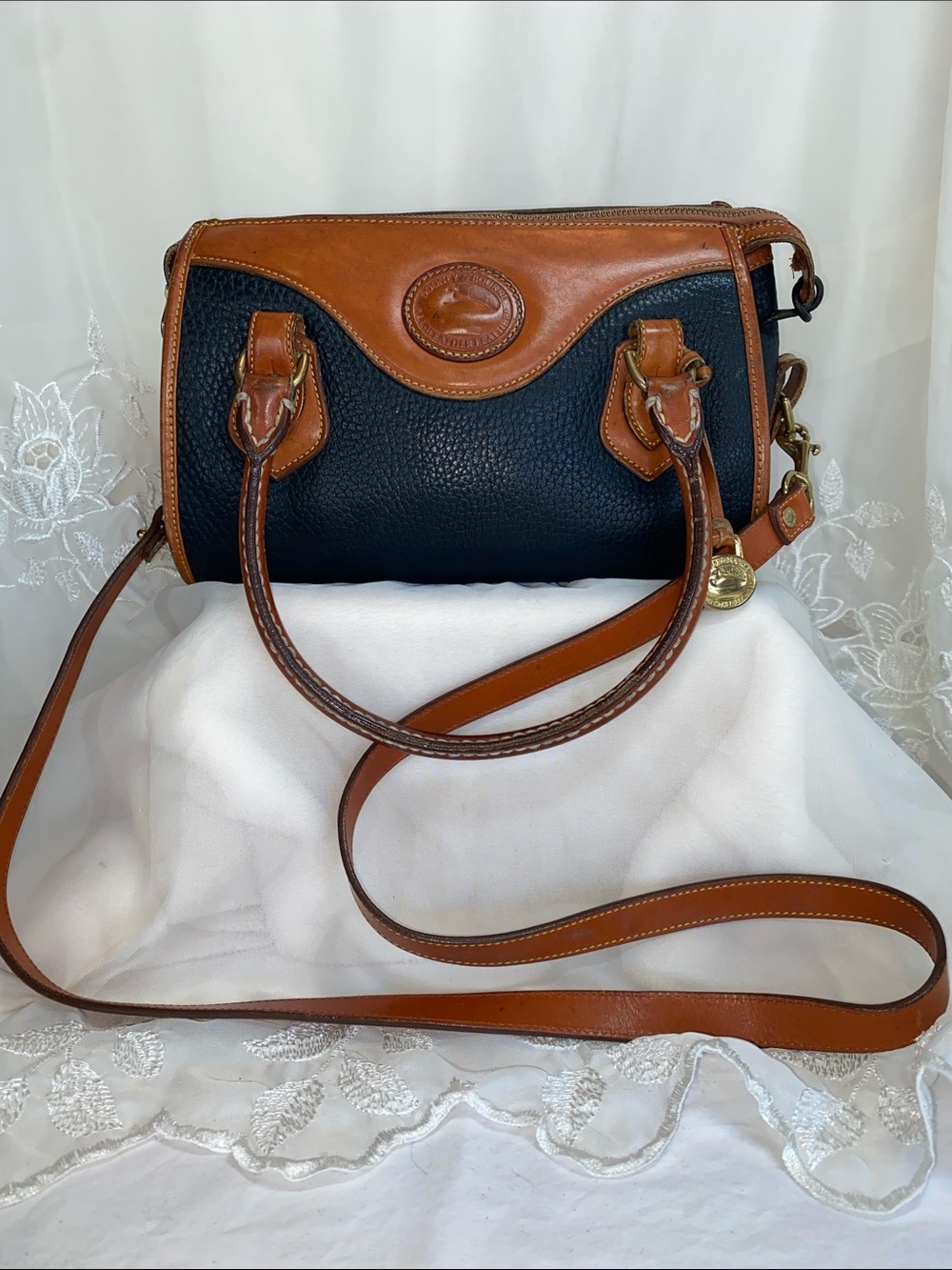 Vintage Dooney & Bourke Black Pebble Leather Satchel Crossbody with Brown Trim